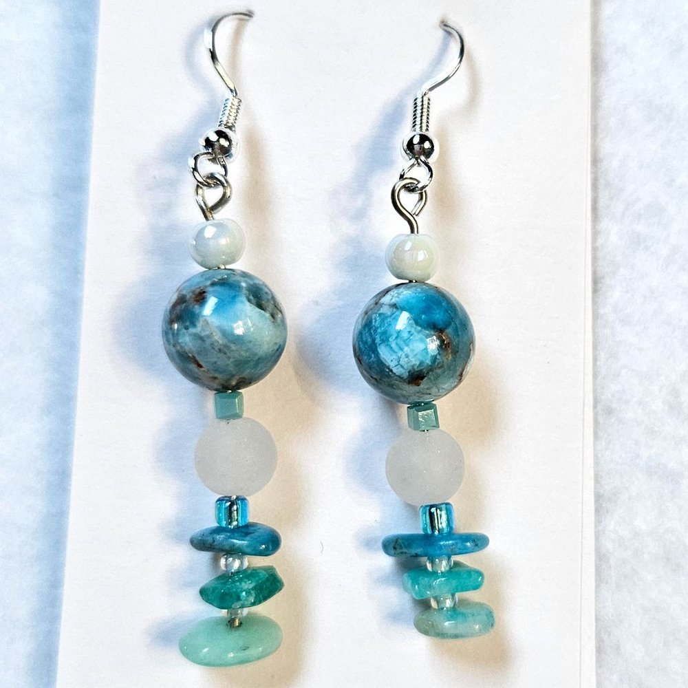 J25 Handmade Dangle Earrings with Larimar, Brazilian Blue Apatite